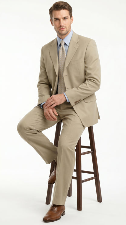 Men’s Khaki Light Tan Dress Suit with Jacket and Pants, Classic Fit Groomsmen Wedding Suit