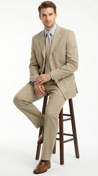 Men’s Khaki Light Tan Dress Suit with Jacket and Pants, Classic Fit Groomsmen Wedding Suit