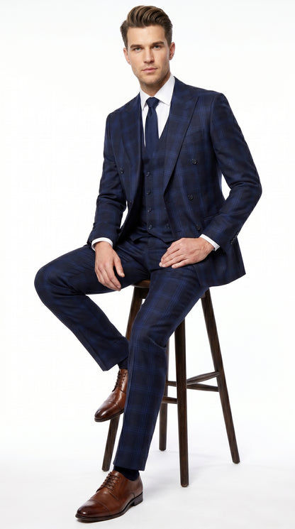 Men’s Indigo Sapphire Blue Plaid 3 Piece Suit with Double Breasted Vest, Slim Fit Windowpane Suit