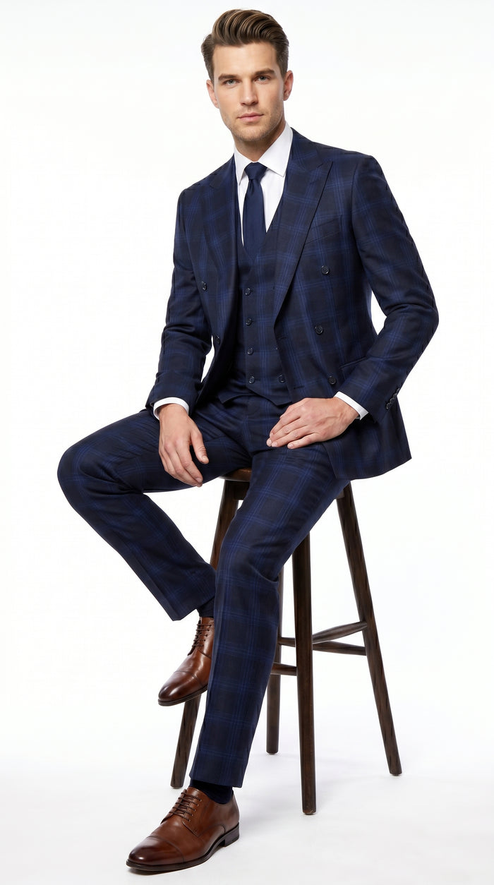 Men’s Indigo Sapphire Blue Plaid 3 Piece Suit with Double Breasted Vest, Slim Fit Windowpane Suit