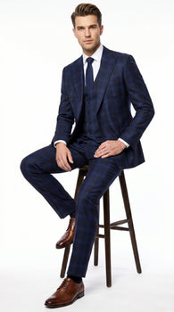 Men’s Indigo Sapphire Blue Plaid 3 Piece Suit with Double Breasted Vest, Slim Fit Windowpane Suit