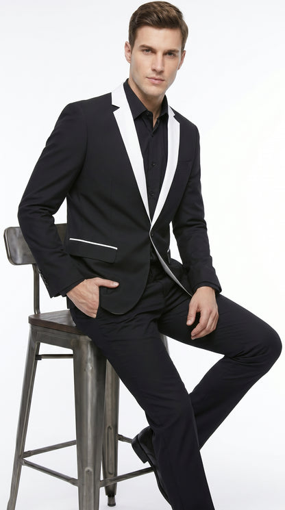 Men’s Black and White Blazer with Shawl Lapel, Dress Casual Formal Sport Coat