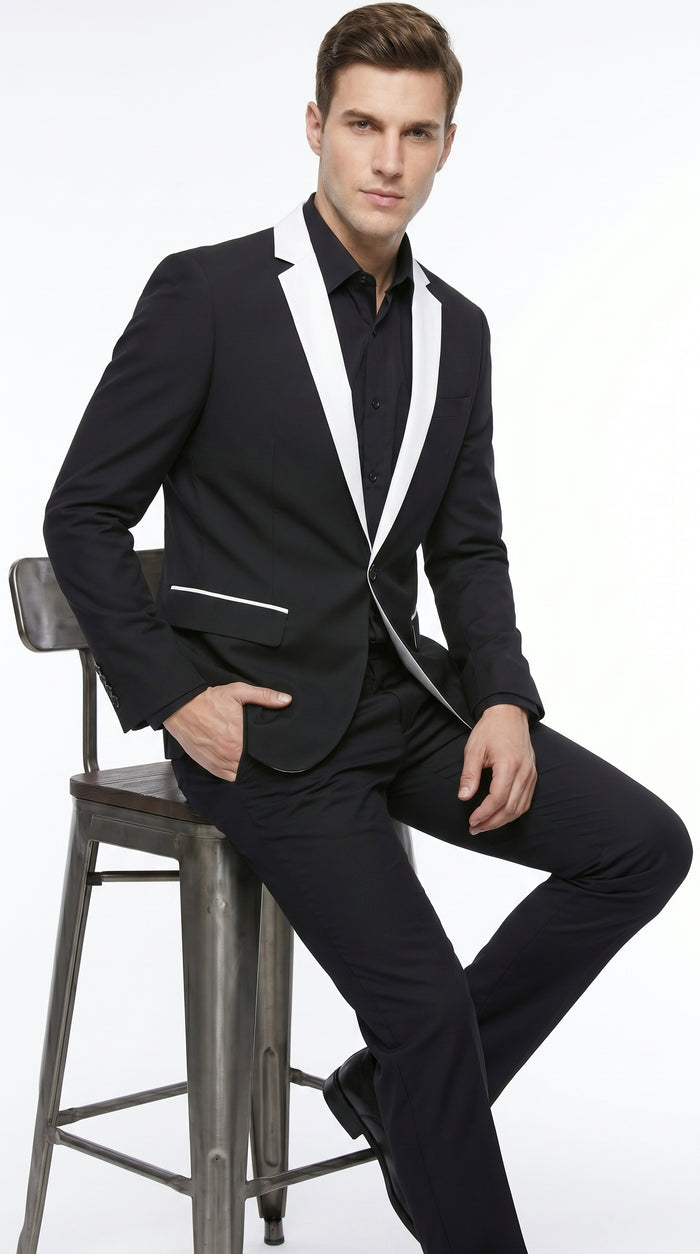 Men’s Black and White Blazer with Shawl Lapel, Dress Casual Formal Sport Coat