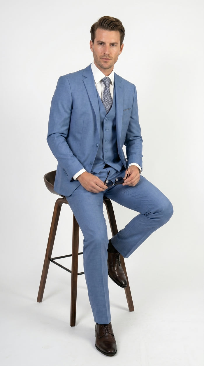 Men’s Ice Blue 3 Piece Suit with Vest, Formal Wedding Prom Dress Suit Modern Fit
