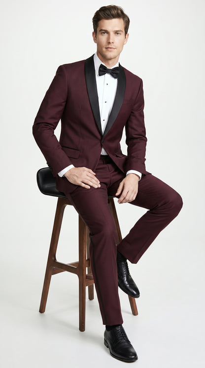 Men’s Maroon Slim Fit Tuxedo with Black Satin Lapel, Burgundy Wine Formal Prom Suit