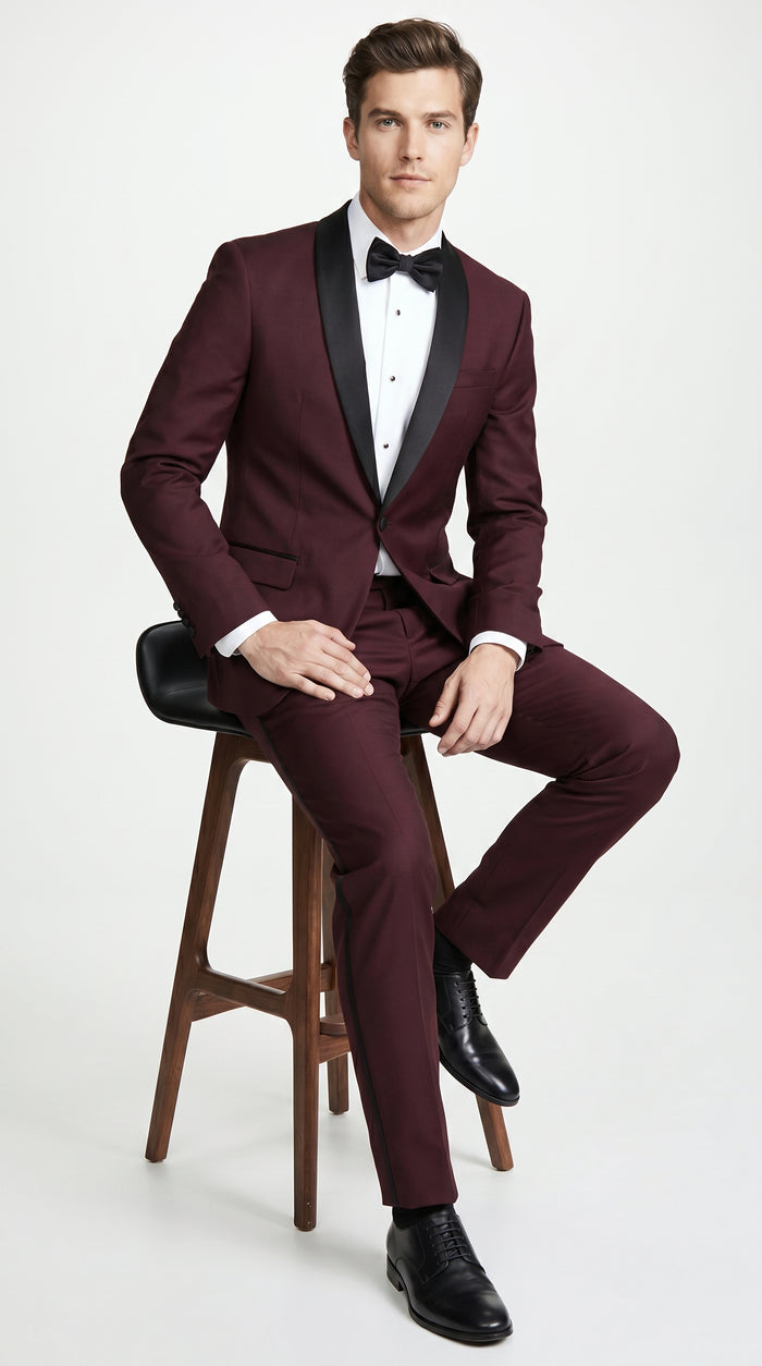 Men’s Maroon Slim Fit Tuxedo with Black Satin Lapel, Burgundy Wine Formal Prom Suit