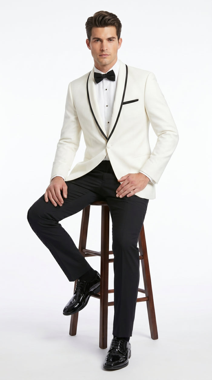 Men’s One Button Ivory Tuxedo Suit with Black Trim, Formal Wedding Prom Dinner Jacket