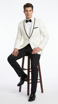 Men’s One Button Ivory Tuxedo Suit with Black Trim, Formal Wedding Prom Dinner Jacket