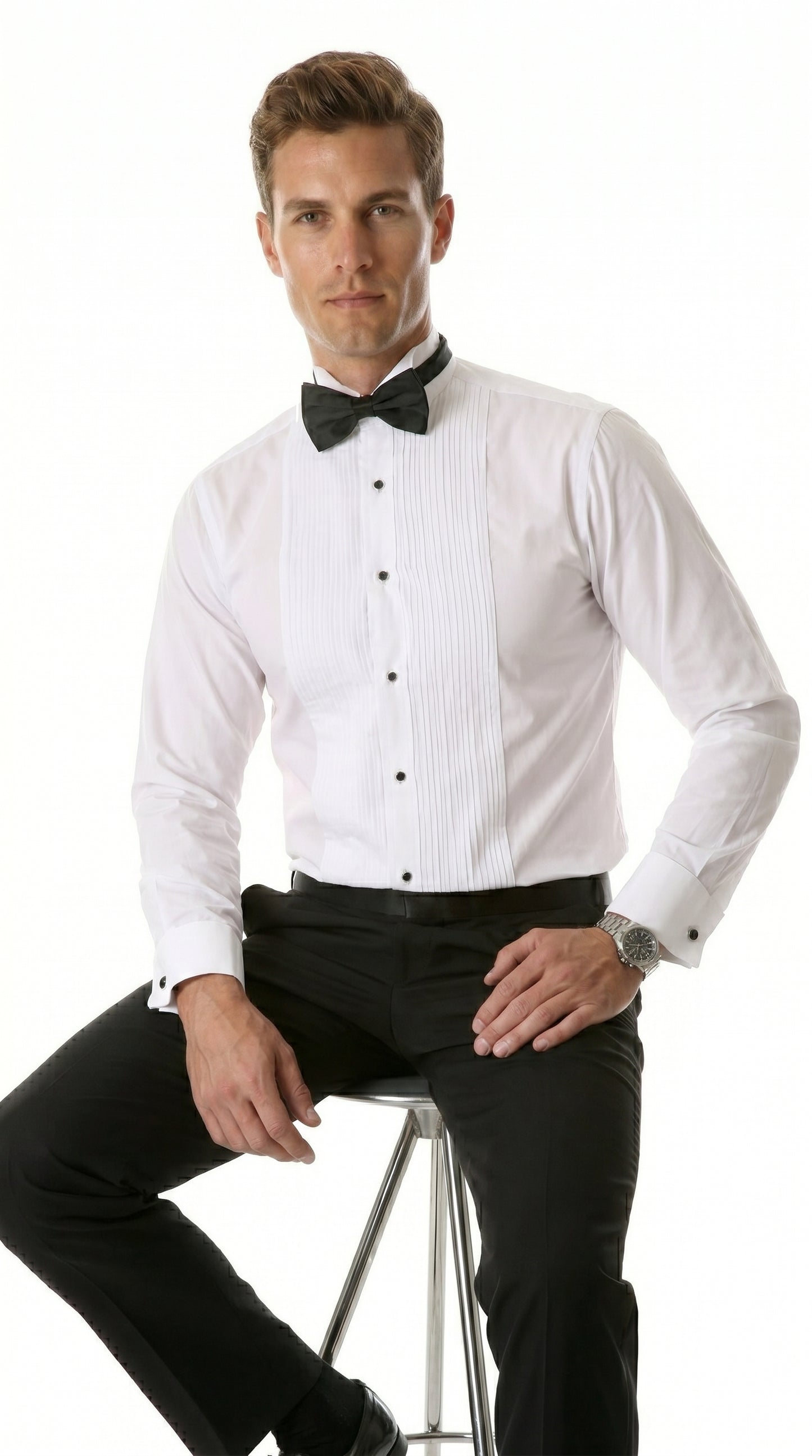Men’s Max White Slim Fit Wing Tip Collar Pleated Tuxedo Shirt, Formal Dress Shirt