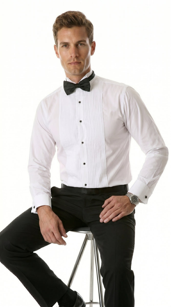 Men’s Max White Slim Fit Wing Tip Collar Pleated Tuxedo Shirt, Formal Dress Shirt