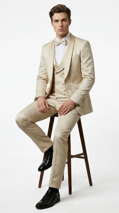 Men’s Tan Floral Shawl Lapel Tuxedo Set, Wedding and Prom Formal Suit
