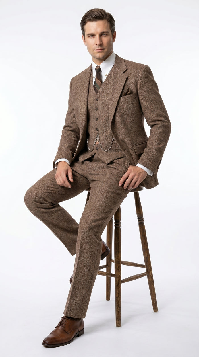 Men’s Light Brown Great Gatsby Tweed Herringbone Vested Suit, Tobey Maguire Inspired 1920s Formal Outfit Modern Fit