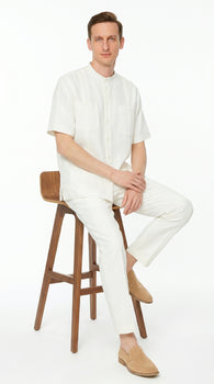 Men’s White Banded Collar 2 Piece Linen Walking Suit, Short Sleeve Shirt and Pants Set