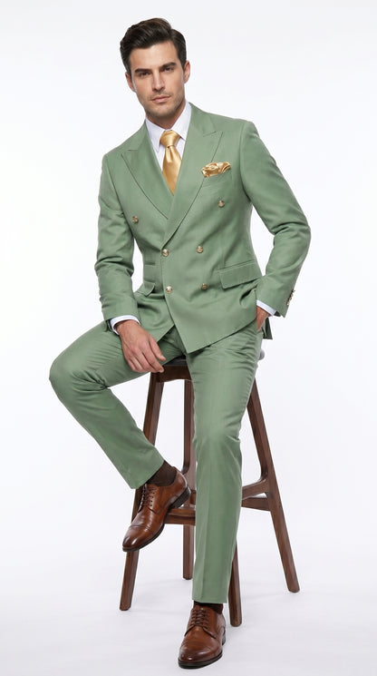 Rossiman Men’s Sage Green Double Breasted Suit with Gold Buttons, Slim Fit Lightweight Summer Suit