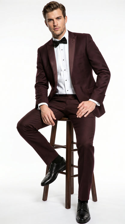 Men’s Brown Slim Fit 2 Piece Tuxedo with Satin Peak Lapel, Formal Wedding Prom Suit