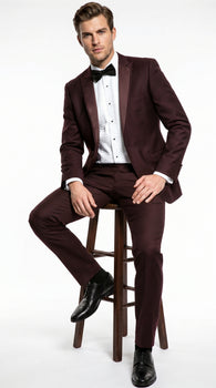 Men’s Brown Slim Fit 2 Piece Tuxedo with Satin Peak Lapel, Formal Wedding Prom Suit
