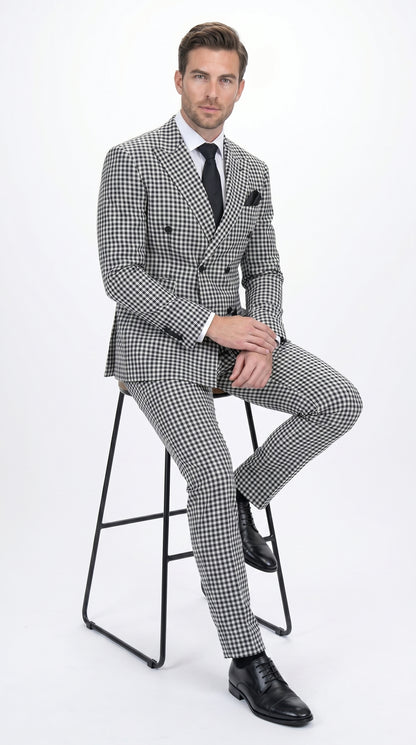 Men’s Black & White Houndstooth Double Breasted Wool Suit – 2 Piece Peak Lapel Suit Modern Fit