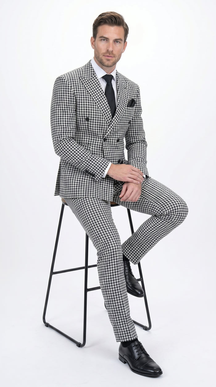 Men’s Black & White Houndstooth Double Breasted Wool Suit – 2 Piece Peak Lapel Suit Modern Fit