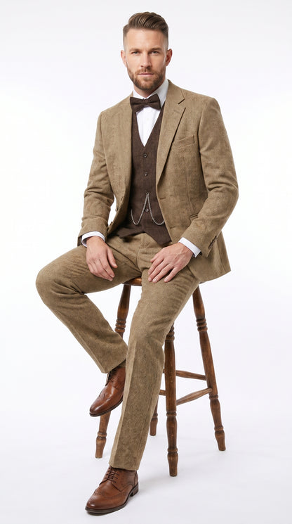 Men’s Great Gatsby Tobey Maguire Inspired Tan Suit with Brown Vest, 1920s Costume Outfit