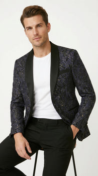 Men’s Navy Black Glitter Floral Tuxedo Dinner Jacket with Satin Lapel, Sequin Formal Blazer