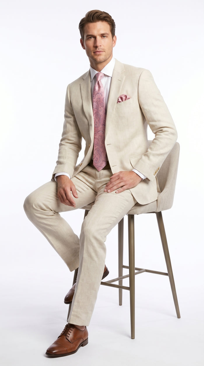 Men’s Natural Linen 2 Piece Suit with Side Vents, Two Button Regular Fit Summer Dress Suit