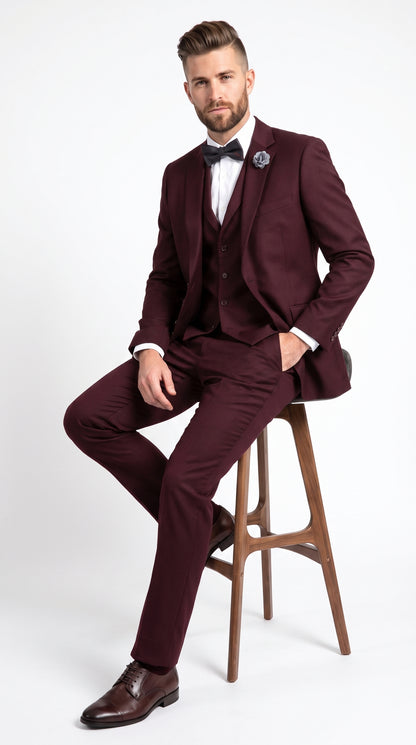 Men’s Burgundy Regular Fit Suit with Vest, Formal Wedding Prom Dress Suit Modern Fit