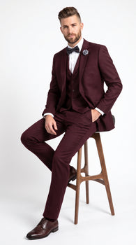 Men’s Burgundy Regular Fit Suit with Vest, Formal Wedding Prom Dress Suit