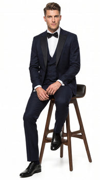 Alberto Nardoni Men’s Black Super 150s Wool Tuxedo with Peak Lapel, Double Breasted Vest and Flat Front Pants