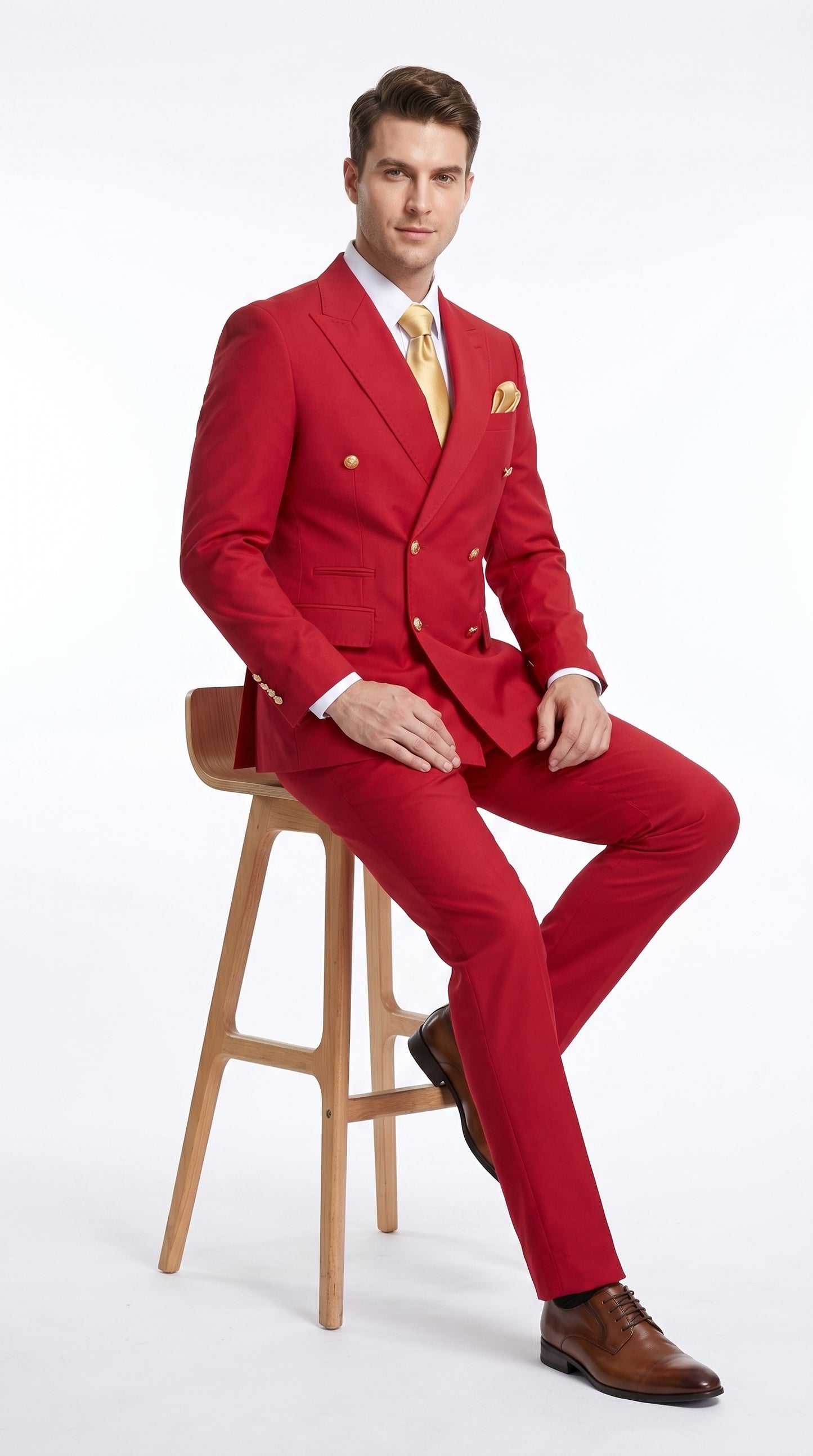 Rossi Man Milano RM1191 Men’s Red Double Breasted Suit with Gold Buttons, Formal Wedding Prom Suit Modern Fit