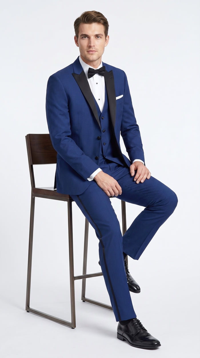 Men’s Indigo Blue Sapphire Cobalt Blue 1 Button Vested Tuxedo with Black Satin Peak Lapel