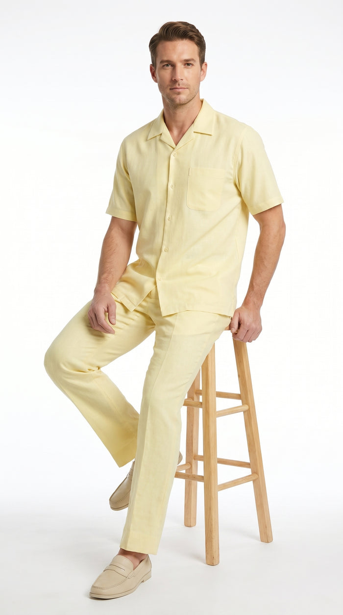 Men’s Cream 100% Linen Walking Suit, Short Sleeve Shirt and Matching Pants Casual Summer Set