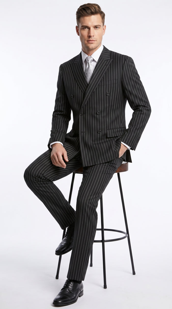 Men’s Black Double Breasted Bold Pinstripe Suit – Gangster Style Formal Dress Suit Modern Fit