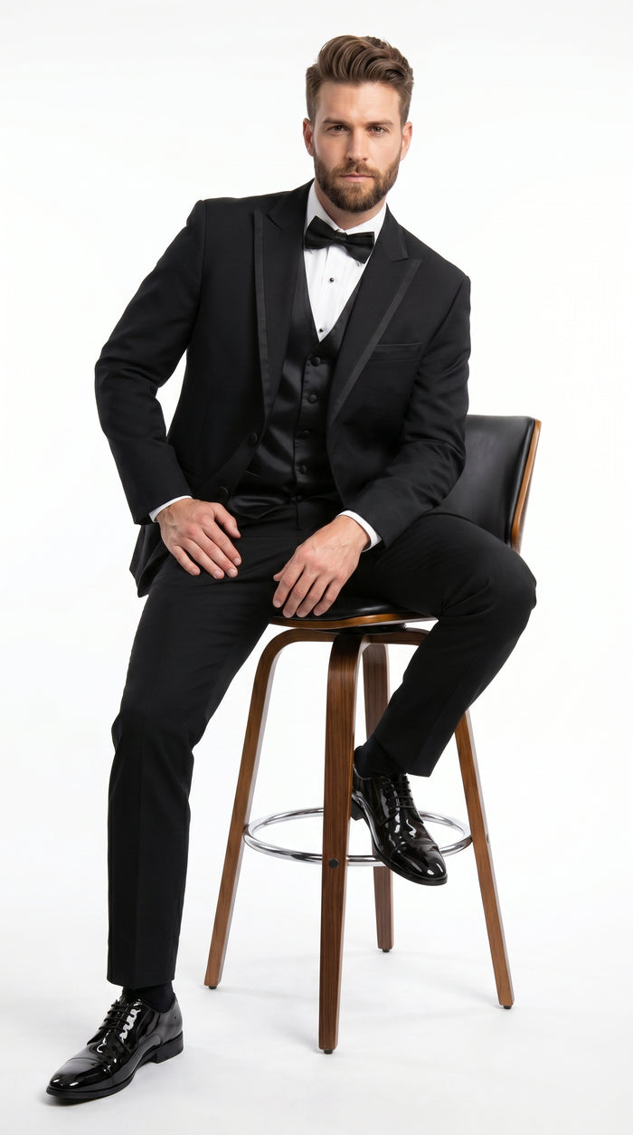 Men’s Black Modern 1 Button Tuxedo Suit with Satin Trim Peak Lapel and Wide Lapel Design