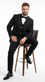 Men’s Black Modern 1 Button Tuxedo Suit with Satin Trim Peak Lapel and Wide Lapel Design