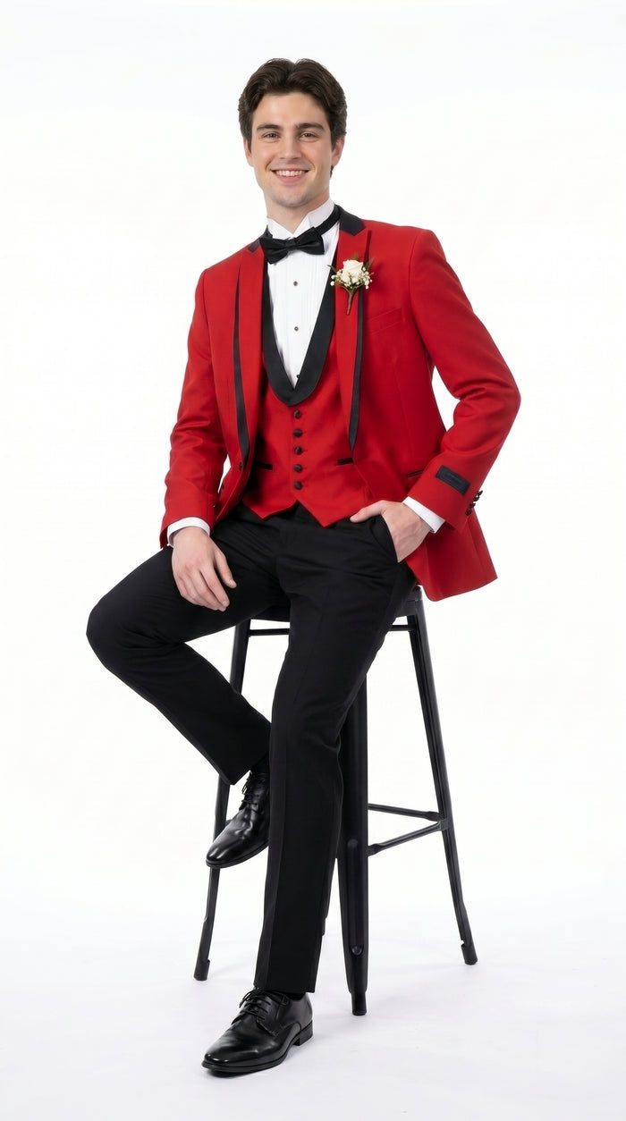 Men’s Red Prom Tuxedo Suit with Vest and Black Trim, Formal Wedding Dinner Suit