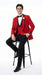 Men’s Red Prom Tuxedo Suit with Vest and Black Trim, Formal Wedding Dinner Suit