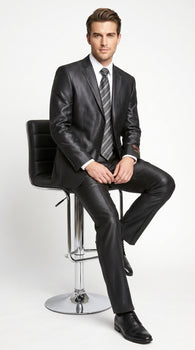 Men’s Vitali Black Sharkskin 2 Button Suit, Formal Wedding Business Dress Suit Set
