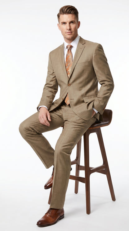 Men’s Champagne Gold Sharkskin Suit, Formal Wedding Church Business Dress Suit Set