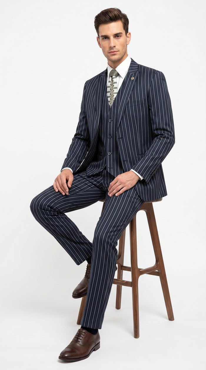 Men’s 1920s Gangster Dark Blue Bold Pinstripe 3 Piece Suit, Vested Fashion Suit with Pleated Pants Modern Fit