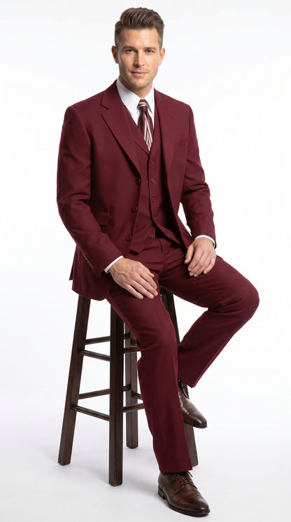 Men’s Burgundy Wine Maroon 3 Piece Vested Suit, Peak Lapel Formal Wedding Church Dress Suit Set