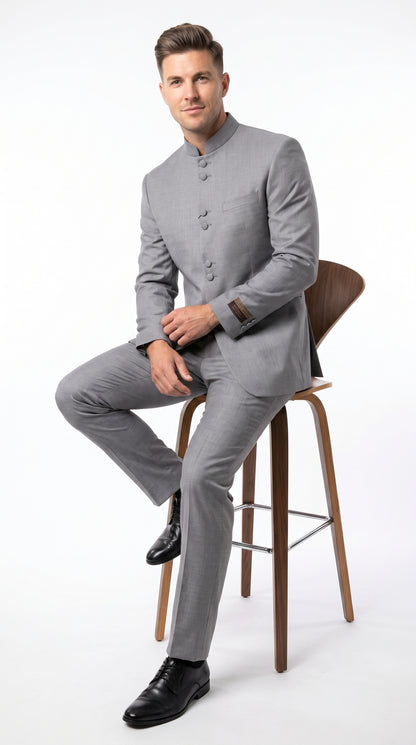 Alberto Nardoni Men’s Light Grey Mandarin Collar Suit, Banded No Collar Formal Wedding Church Suit