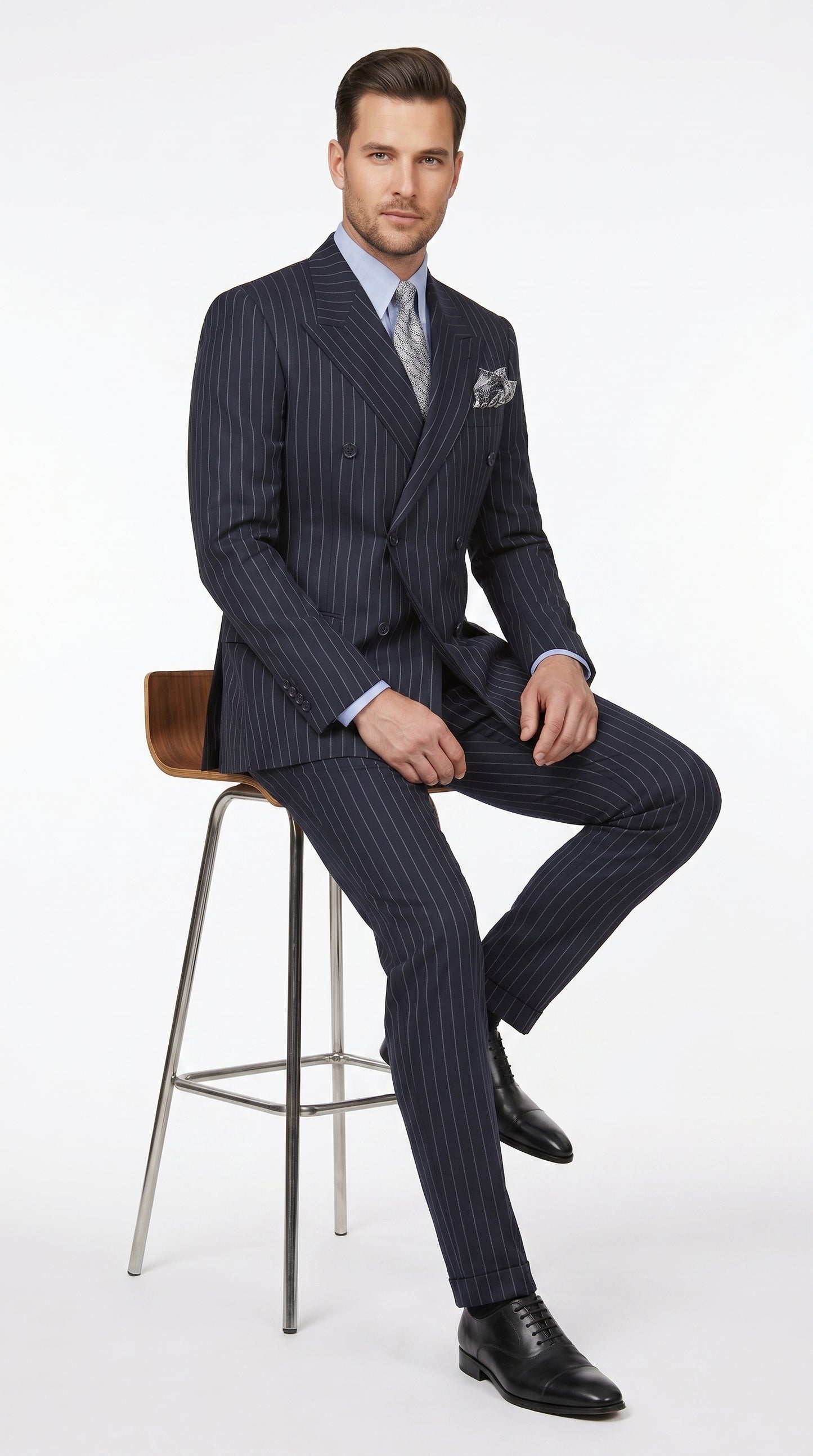 Men’s Dark Navy Blue Chalk Pinstripe Double Breasted Suit, Formal Wedding Business Dress Suit Set Modern Fit