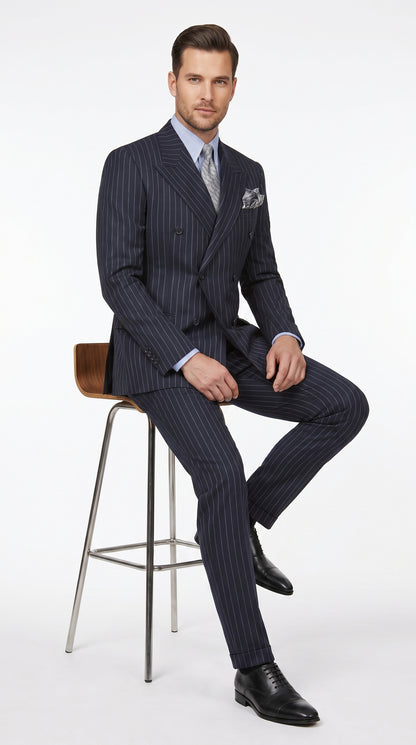 Men’s Dark Navy Blue Chalk Pinstripe Double Breasted Suit, Formal Wedding Business Dress Suit Set Modern Fit