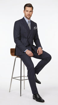 Men’s Dark Navy Blue Chalk Pinstripe Double Breasted Suit, Formal Wedding Business Dress Suit Set