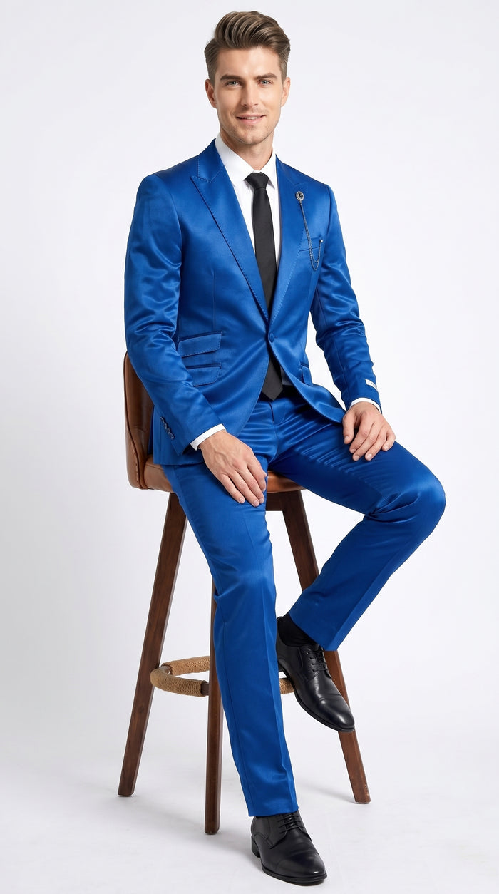 Men’s Shiny Metallic Blue Sharkskin Suit, Single Breasted Formal Wedding Prom Dress Suit Set  Modern Fit