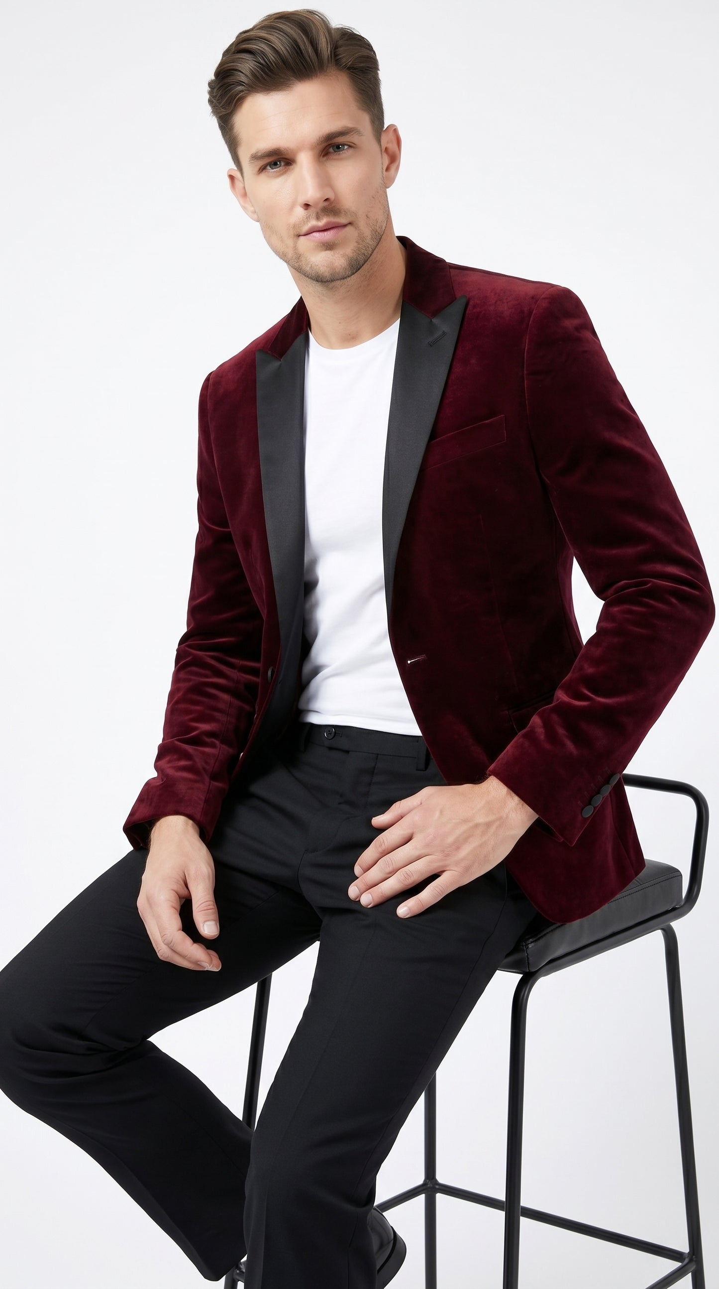 Men’s Burgundy Velvet Tuxedo Blazer with Black Satin Lapel, Crushed Velour Formal Sport Coat