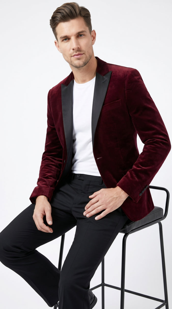Men’s Burgundy Velvet Tuxedo Blazer with Black Satin Lapel, Crushed Velour Formal Sport Coat
