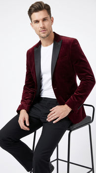 Men’s Burgundy Velvet Tuxedo Blazer with Black Satin Lapel, Crushed Velour Formal Sport Coat
