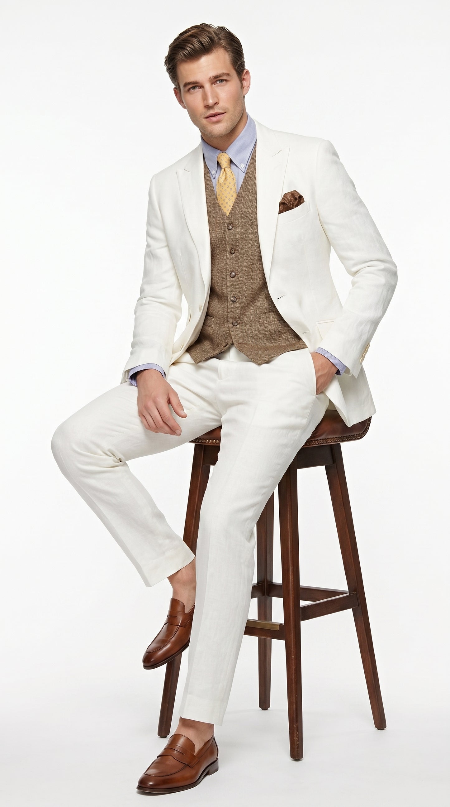 Men’s Off White Great Gatsby 3 Piece Suit, Vintage Wedding Prom Formal Vested Suit Set
