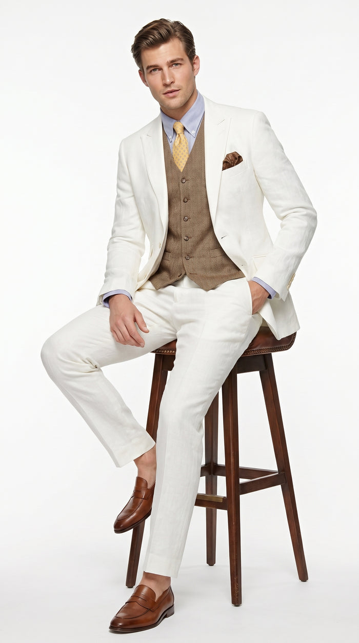 Men’s Off White Great Gatsby 3 Piece Suit, Vintage Wedding Prom Formal Vested Suit Set Modern Fit